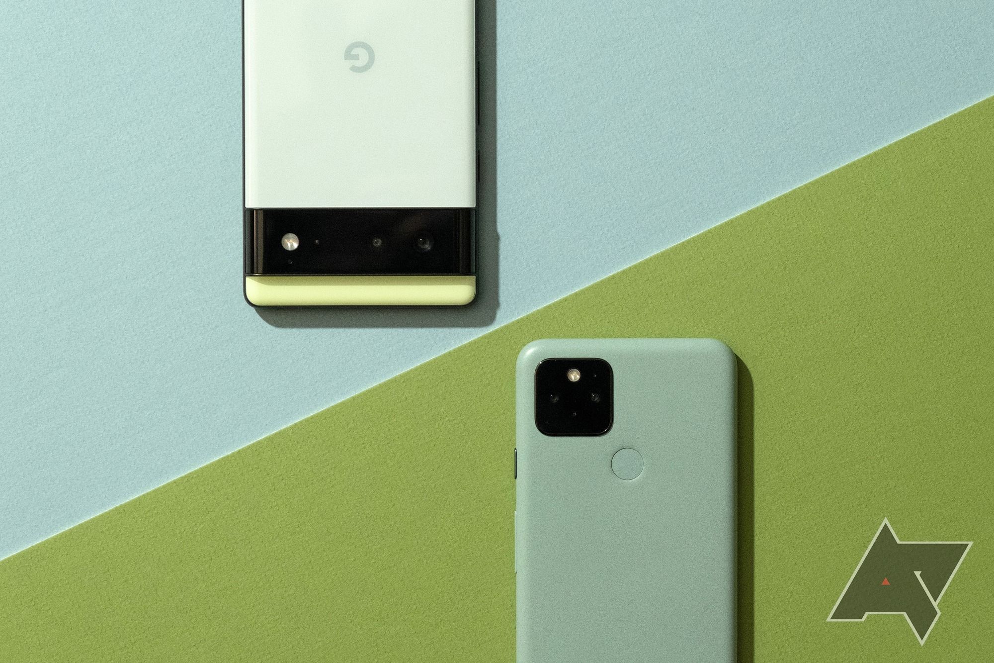     A green Pixel 6 and a green Pixel 5 on a green background