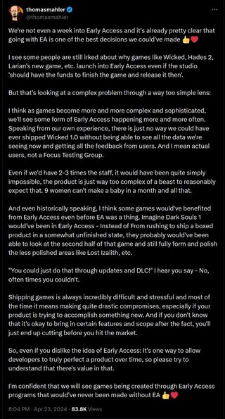 We haven't even been a week into Early Access and it's already pretty clear that choosing EA is one of the best decisions we could have made 👍❤ I see some people are still annoyed why you play games like Wicked, Hades 2, the new Larian game, etc.  launch in Early Access though the studio 